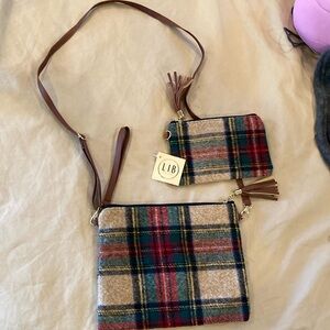 Plaid Crossbody Bag and Pouch Set - Multicolor